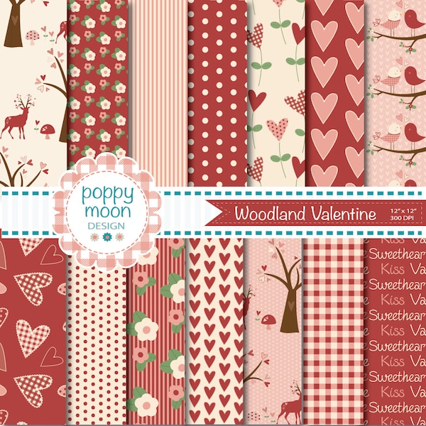 Woodland valentine, red cream and pink, digital paper pack