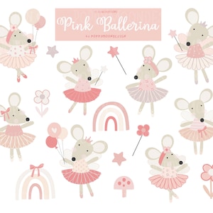 Lot de souris ballerines roses clipart numérique - motifs arc-en-ciel
