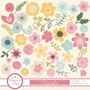 May include: A set of 50 floral clip art images in various colors, including pink, yellow, blue, and green. The images are perfect for crafting, scrapbooking, and digital design projects. The clip art is available for instant download and is 6 inches by 6 inches at 300 DPI.