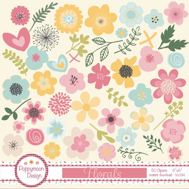 May include: A set of 50 floral clip art images in various colors, including pink, yellow, blue, and green. The images are perfect for crafting, scrapbooking, and digital design projects. The clip art is available for instant download and is 6 inches by 6 inches at 300 DPI.