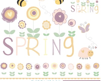 Spring is here, purple and yellow,flowers, bees and butterflies, digital printable clipart
