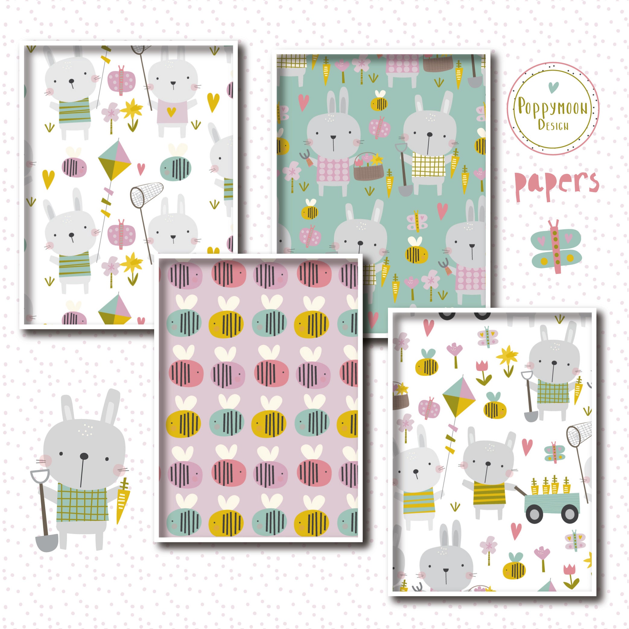 Spring Bunnies, Bunny Patterns, Printable Digital Paper Pack - Etsy UK
