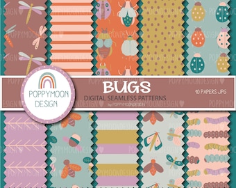Bugs, insect patterns, printable seamless digital paper pack