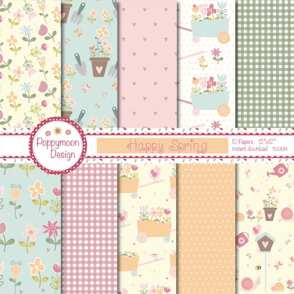 Happy spring garden, pastel digital paper pack