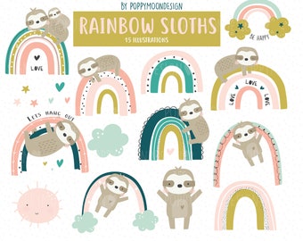 Rainbow Sloths, pastel digital clip art set