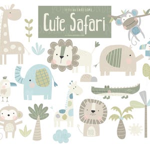 Safari mignon, graphiques d'animaux de la jungle pour chambre de bébé - ensemble d'art numérique