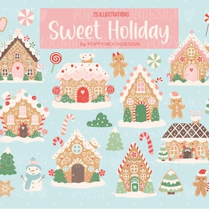 Könnte beinhalten: 25 Illustrationen von Lebkuchenhäusern, Zuckerstangen, Schneemännern und Lebkuchenmännern in einer fantasievollen Winterszene. Die Illustrationen sind im Cartoon-Stil gehalten und zeigen leuchtende Farben. Der Text "Sweet Holiday" ist in rosa Buchstaben oben im Bild geschrieben.
