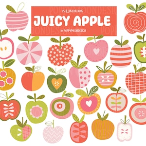 Op de afbeelding: Een illustratie met 25 decoratieve appels in verschillende patronen en kleuren, waaronder roze, rood, oranje en groen. De tekst "Juicy Apple" staat in witte letters op een koraalkleurige achtergrond, met de naam van de kunstenaar eronder.