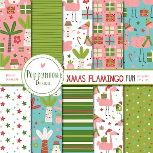 Xmas Flamingo fun, festive, printable digital paper pack