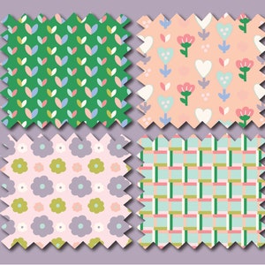 May include: Four different fabric swatches with various patterns. The first swatch is green with a repeating pattern of white, pink, and blue leaves. The second swatch is peach with a repeating pattern of white hearts, pink flowers, and green leaves. The third swatch is pink with a repeating pattern of white flowers and purple flowers with green centers. The fourth swatch is light blue with a repeating pattern of green, pink, and white squares.