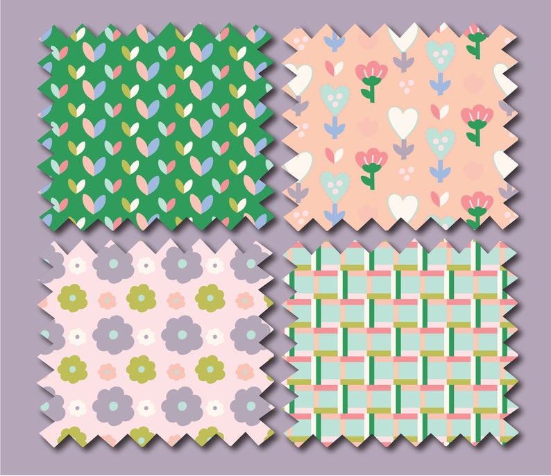 May include: Four different fabric swatches with various patterns. The first swatch is green with a repeating pattern of white, pink, and blue leaves. The second swatch is peach with a repeating pattern of white hearts, pink flowers, and green leaves. The third swatch is pink with a repeating pattern of white flowers and purple flowers with green centers. The fourth swatch is light blue with a repeating pattern of green, pink, and white squares.