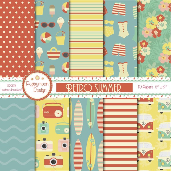 Retro summer, digital paper pack
