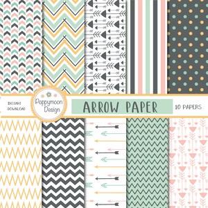 May include: A collection of ten patterned papers with various designs, including arrows, chevrons, stripes, and polka dots. The color palette features teal, coral, gray, and yellow. The text "Arrow Paper" and "10 Papers" are displayed.
