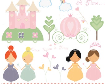 Pretty princesses, carriage and castle, printable digital clipart set