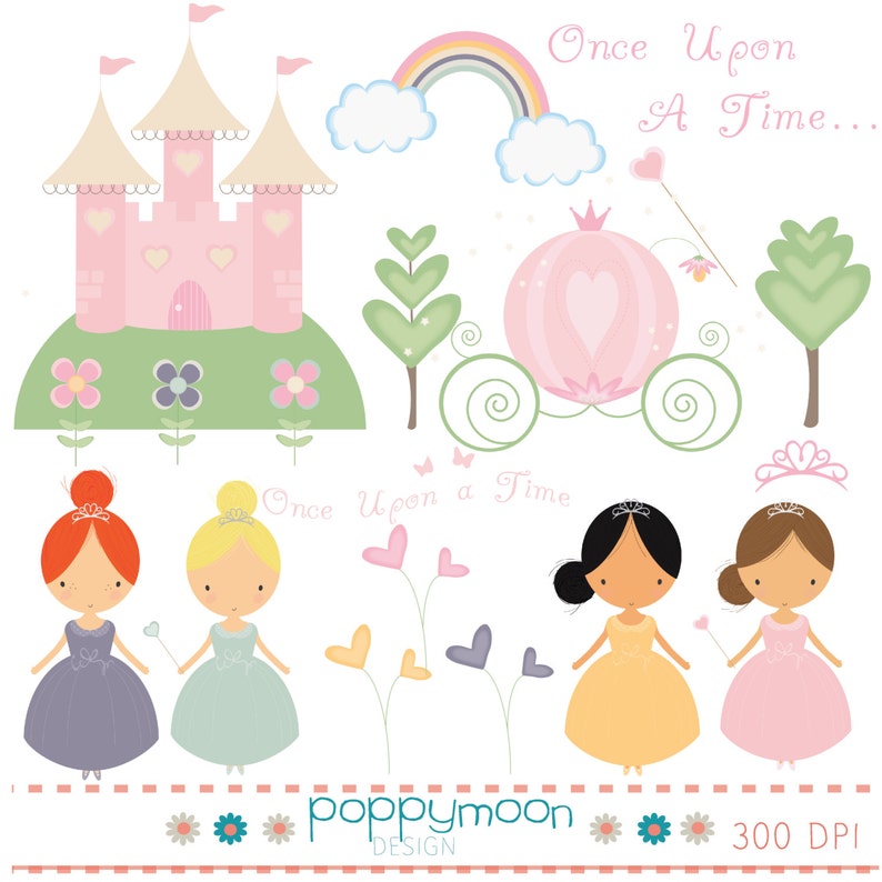 Pretty princesses, carriage and castle, printable digital clipart set image 1