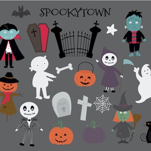 Spookytown, monsters, pompoen, feestuitnodigingen, digitale clipart set