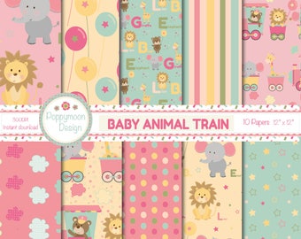 Baby animal train, Digital Paper Pack