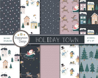 Holiday Town, santa christmas, winter, printable digital paper pack, commercial and personal use.