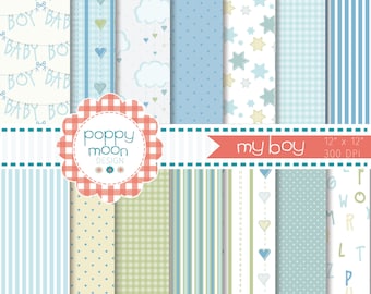 New Baby Boy, Blues Greens, druckbare digitale Papierpackung