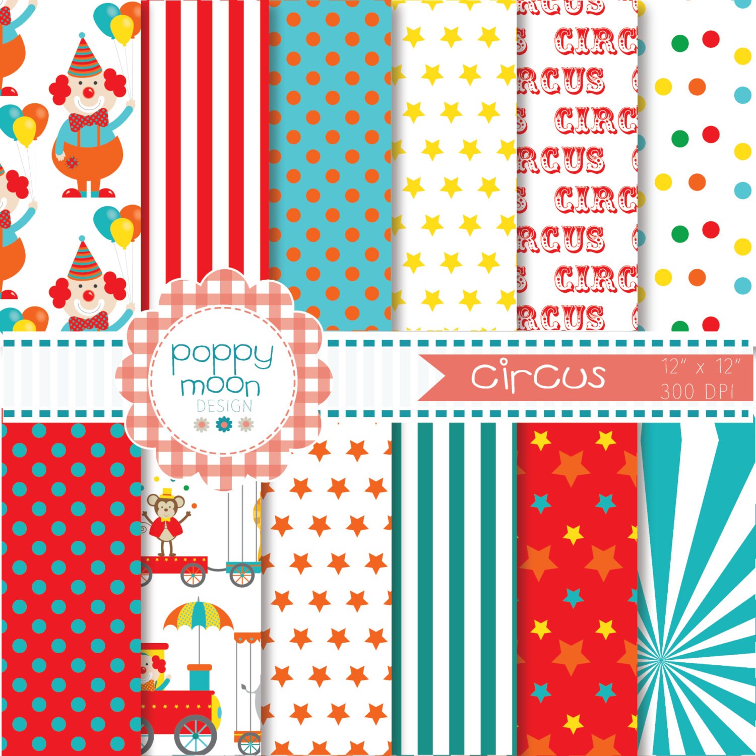 Circusclownscircus trainprintable digital paper pack | Etsy