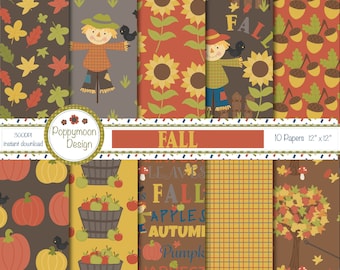 Könnte beinhalten: Ein Set mit 10 digitalen Papieren mit Herbstmotiven. Die Muster umfassen Kürbisse, Äpfel, Vogelscheuchen, Sonnenblumen, Eicheln und Blätter. Die Papiere sind 30,5 cm x 30,5 cm groß und perfekt für Scrapbooking, Kartenherstellung und andere Bastelprojekte.