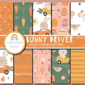 May include: A collection of digital seamless patterns with an Easter theme. The patterns feature bunnies driving cars, carrots, eggs, flowers, and chickens in shades of orange, green, and pink. The text "BUNNY DRIVER" is displayed prominently.