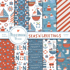 SEAS&#39;N&#39;GREETINGS, nautical christmas, festive, printable digital paper pack