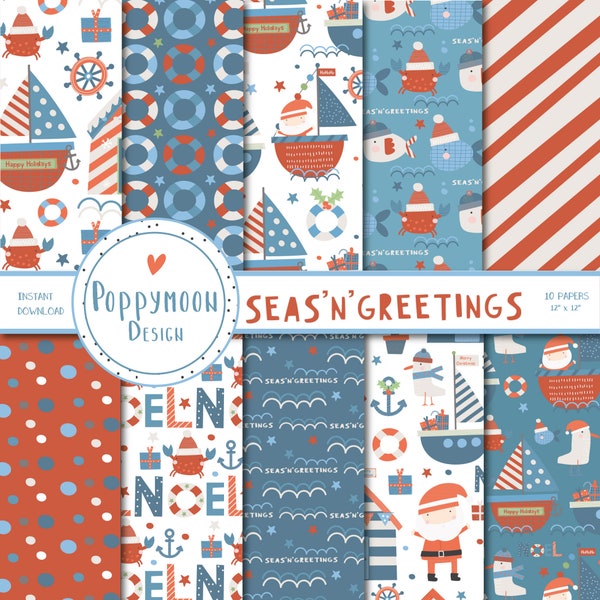 SEAS'N'GREETINGS, nautical christmas, festive, printable digital paper pack