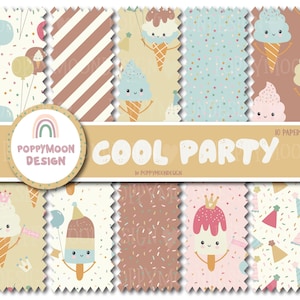 Könnte beinhalten: Ein Set mit 10 digitalen Papieren mit niedlichen Eiswaffel- und Eis am Stiel-Illustrationen mit Streuseln und Konfetti. Die Papiere sind in verschiedenen Farben, darunter Rosa, Blau, Braun und Gelb. Die Papiere sind perfekt für Scrapbooking, Kartenherstellung und andere Bastelprojekte. Der Text "Cool Party" ist auf dem Bild zu sehen.