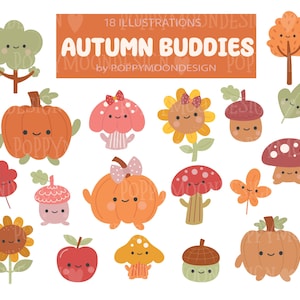 May include: 18 illustrations of cute autumn themed characters.  The characters include pumpkins, mushrooms, acorns, a sunflower, a tree, and a leaf.  The characters are all smiling and have big eyes.  The illustrations are in a cartoon style and are perfect for use in digital or printed projects.