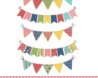 Summer bunting, red, blue, green and yellow, digital clipart