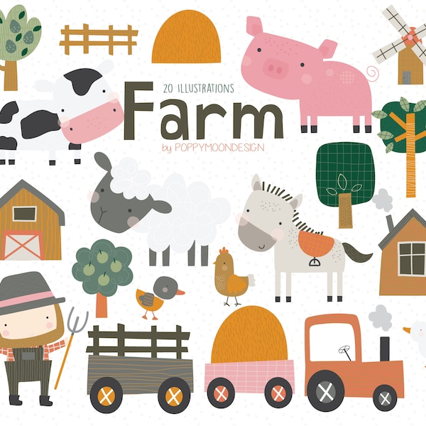 Farm, animals, farmer, colourful digital clip art set