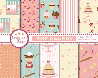 Bakery, girl chefs, cakes, digital printable paper pack