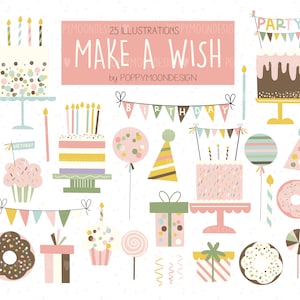 Pide un deseo, ilustraciones de cumpleaños, pasteles, regalos, imágenes prediseñadas imprimibles digitales