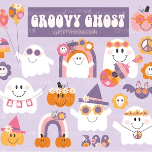 May include: A set of 17 groovy ghost illustrations in a retro 70s style. The ghosts are white with black eyes and smiling mouths. Some ghosts are wearing flowers, sunglasses, and peace signs. There are also pumpkins, rainbows, and bats in the illustration set.