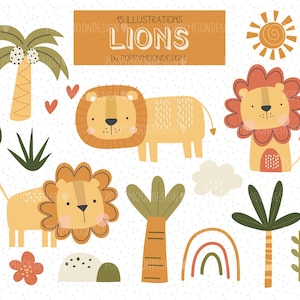 Leões, safári, animais, conjunto de clipart digital para impressão