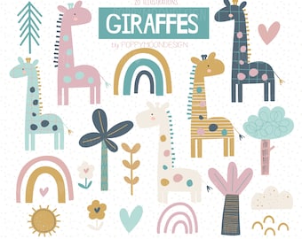 May include: A set of 20 illustrations featuring giraffes, rainbows, trees, and other nature-inspired elements. The illustrations are in a colorful, whimsical style, perfect for adding a touch of fun to any project.
