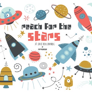 Reach for the Stars, planets and spaceships, colourful , printable digital paper pack.