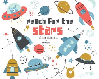 Reach for the Stars, planets and spaceships, colourful , printable digital paper pack.