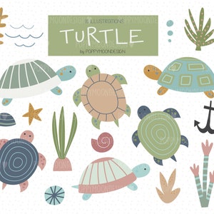 Tortuga, bajo el mar, conjunto de imágenes prediseñadas digitales imprimibles