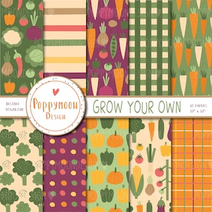 May include: A set of 10 digital papers featuring various vegetables, including carrots, pumpkins, broccoli, peppers, and corn. The papers are in a variety of colors and patterns, including stripes, polka dots, and plaid. The papers are 12 inches by 12 inches and are perfect for scrapbooking, card making, and other craft projects.