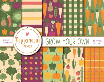 Grow Your Own, garden vegetables, home produce, printable digital paper pack