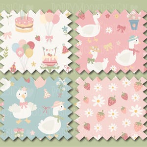 May include: Four fabric swatches with birthday and goose-themed patterns. One swatch features cakes, balloons, and party hats. Another shows geese with hats and bows on a pink background. The third has geese and gifts on a blue background. The last has strawberries and daisies.