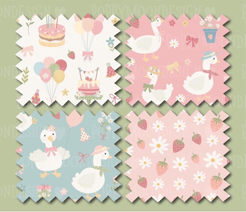 May include: Four fabric swatches with birthday and goose-themed patterns. One swatch features cakes, balloons, and party hats. Another shows geese with hats and bows on a pink background. The third has geese and gifts on a blue background. The last has strawberries and daisies.