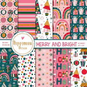 Merry and Bright, festive patterns, printable digital paper pack