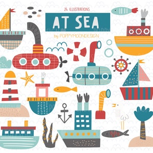 At sea, boats, fish, digital printable clipart