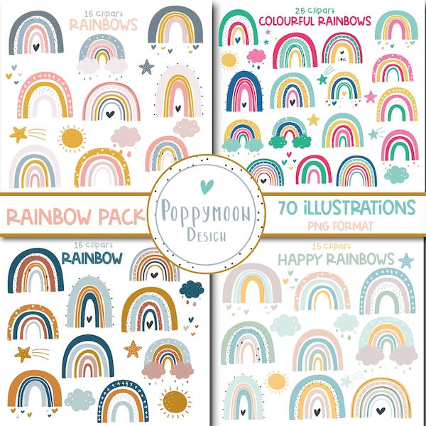 Rainbow pack, assorted rainbows, stars, colourful digital clip art set