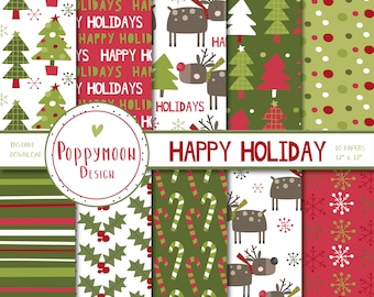 Happy Holiday, christmas papers, printable digital paper pack