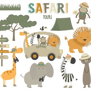 Excursiones de safari, animales, conjunto de imágenes prediseñadas digitales imprimibles
