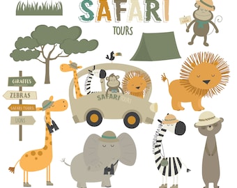 Safari tours, animals , printable digital clipart set